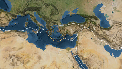 Aegean Sea plate dashed. Patterson Cylindrical. Satellite