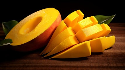 Mango slices on a wooden table. Black background. Toned.