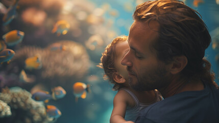 16:9 A father and his young child happily visit an aquarium as a reminder of Father's Day.