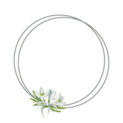 Silver double round frame with a bouquet of snowdrops. Illustration on a transparent background for the design of cards, invitations, etc.