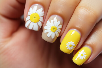 Woman's fingernails with summer daisy flower themed nail polish art design with white and yellow colors