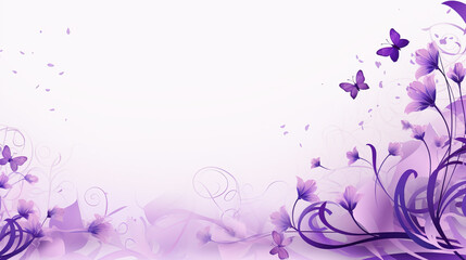Fototapeta na wymiar White background with purple flowers and butterflies. Banner with copyspace.