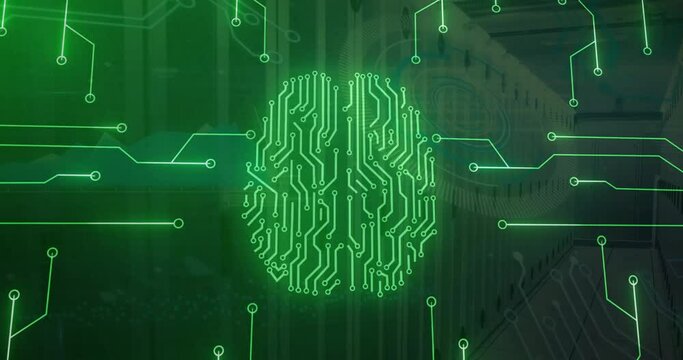 Animation of digital brain, circuit board and data processing over computer servers