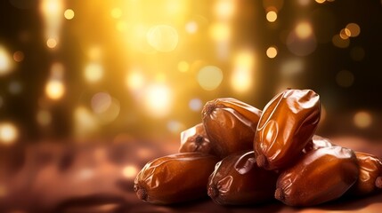 date palm fruit on a brown background with bokeh lights and copy space