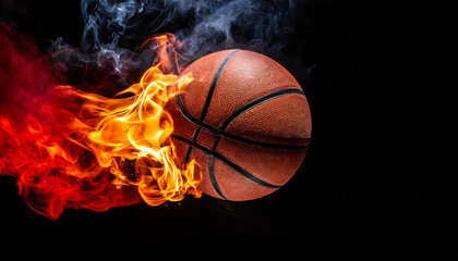 Burning basketball ball with smoke in the air. Hot orange flame. Active sport. Black background.