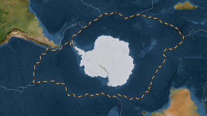 Antarctica plate dashed. Patterson Cylindrical. Satellite