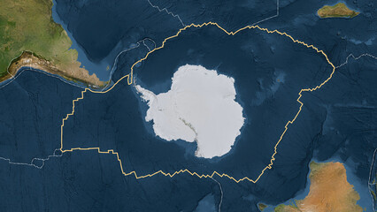 Antarctica plate outlined. Patterson Cylindrical. Satellite © zelwanka