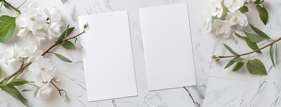 A Mockup Featuring Two Blank White Invitation Cards Placed Side By Side On A Light Marble Surface, With White Flowers, Captured From A Top View, Generous Space For Text Or Design Elements.