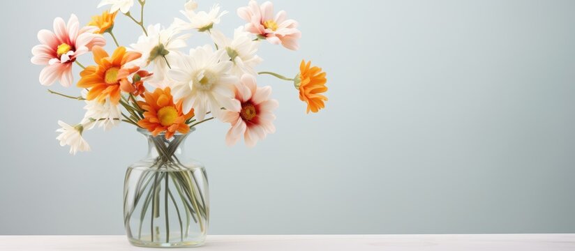 Glass vase with artificial flowers displayed on a white surface