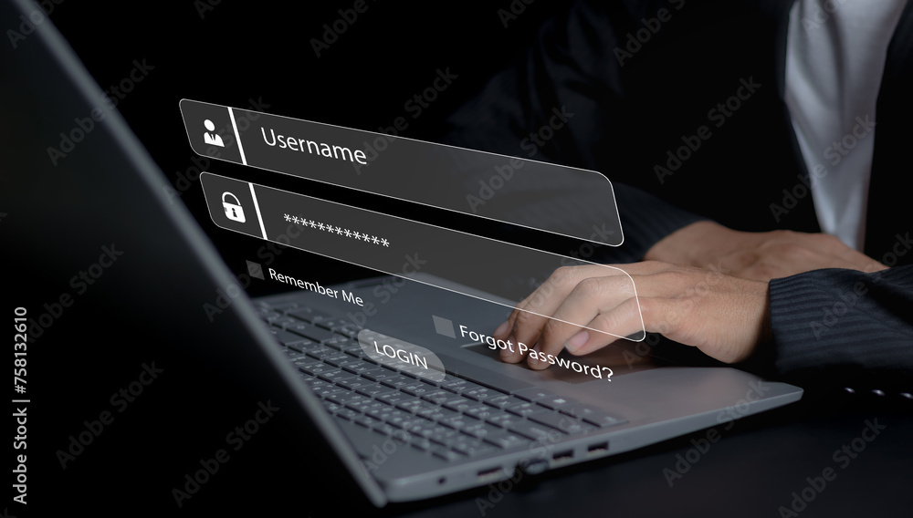 Poster cyber security and security password login online concept hands typing and entering username and pas