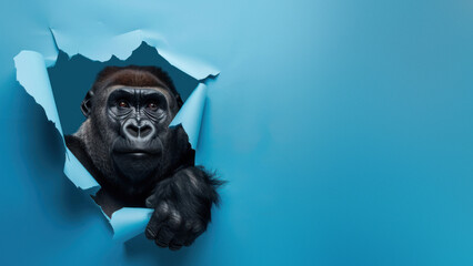 A dynamic photograph of a gorilla's strong hand piercing through a light blue background, evoking concepts of defiance and power - 758132652