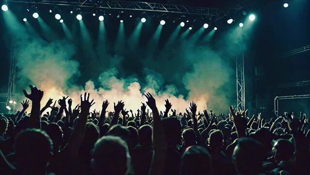 Live concert with bright stage lights and smoke, DJ performing in front of an enthusiastic crowd. Concept: music events, festivals and club culture	