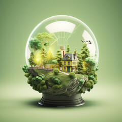 Green energy concept. Small green island with trees and houses under the glass of an incandescent lamp.
