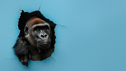 A dynamic visual of a gorilla's hand tearing a pastel blue paper that can represent struggle or escape