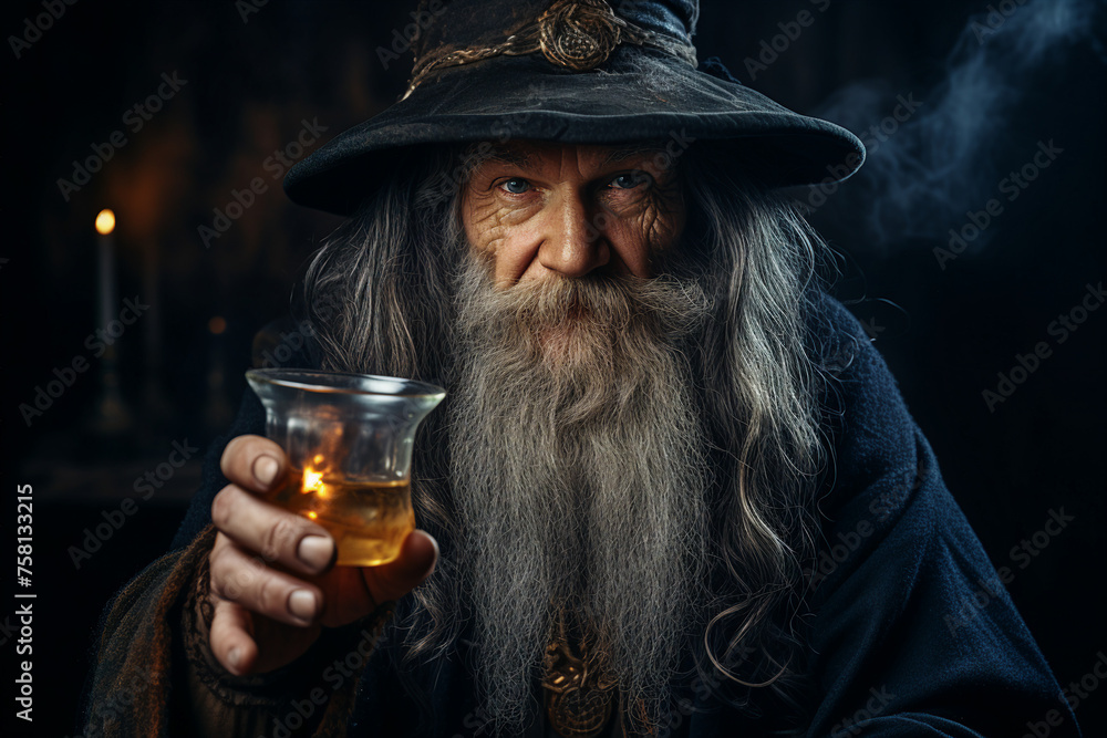 Poster digital generative ai image collage od wise wizard hold prepare magical drink potion