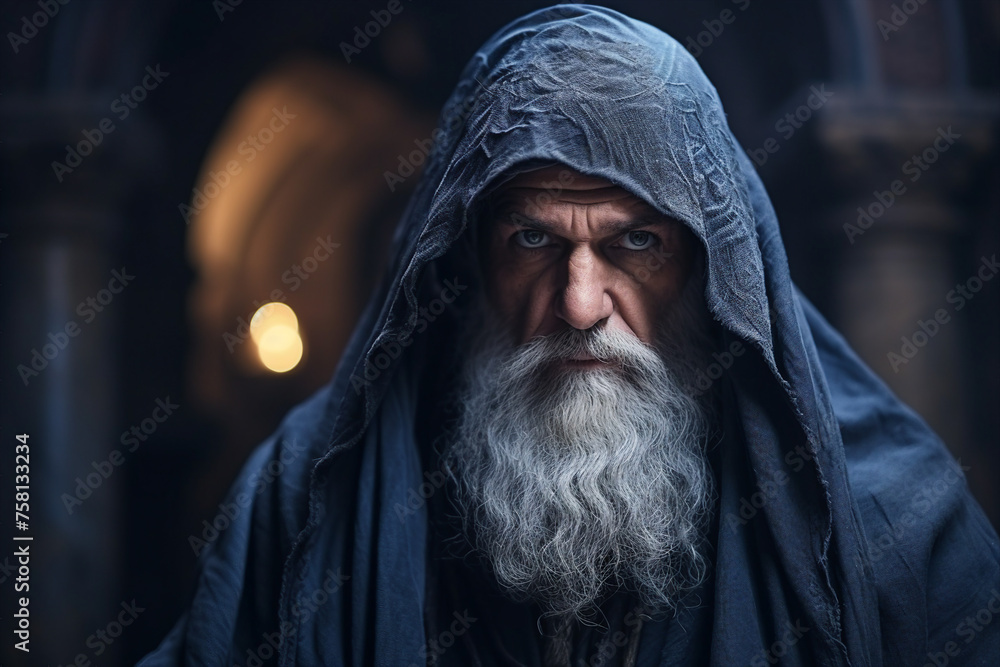 Poster digital generative ai collage image of old wise wizard in gothic catsle doing spell