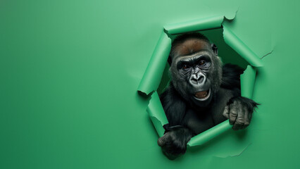 A gorilla forcefully smashing through a lime green paper wall represents defiance and breaking limits