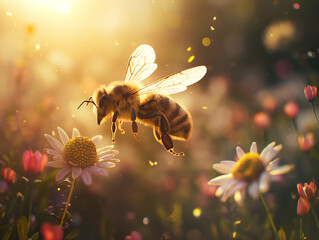 A honeybee gathers nectar on vivid purple flowers, bathed in the golden glow of a sunlit bokeh background. - obrazy, fototapety, plakaty