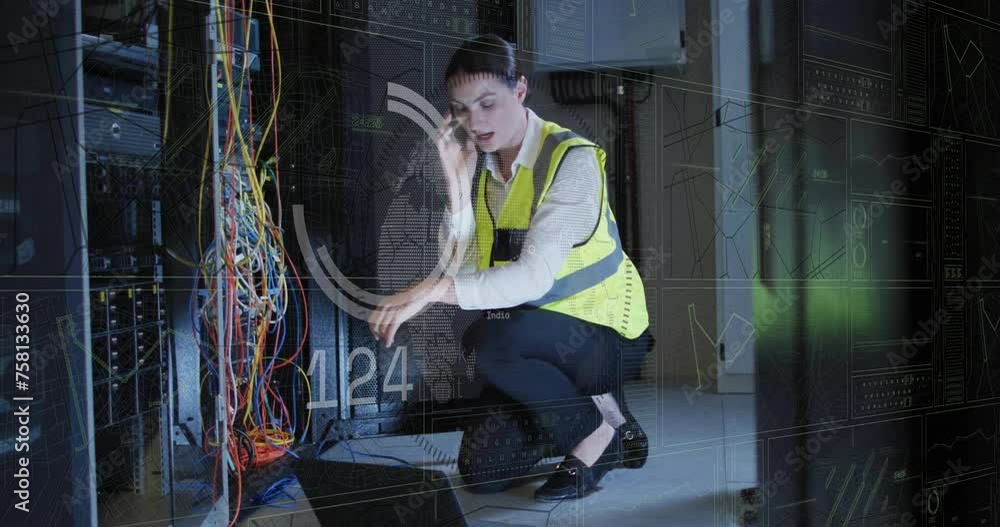 Aufkleber animation of data processing over caucasian female it technician with laptop over computer servers