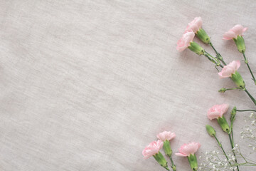 Pretty frame of pink carnations and white hazel flowers displayed on a background of amber-toned gray fabric