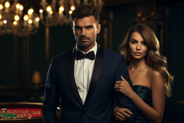 Obraz premium Luxurious restaurant casino las vegas vip night Generative AI poker slots cards roulette players gamers.
