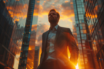 Happy wealthy rich successful businessman standing in big city modern skyscrapers street on sunset, dreaming of new investment opportunities  - obrazy, fototapety, plakaty