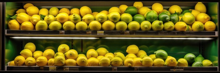 Fresh citrus are on the shelf in the store. a variety of citrus fruits. oranges, tangerines, lime, lemons. supermarket