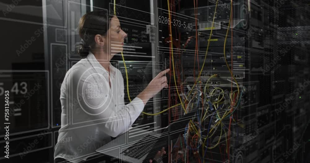 Poster animation of data processing over caucasian female it technician with laptop over computer servers