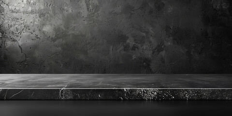 Empty dark wooden table  on black wall background with sunlight, product display presentation and banner design template, black concrete table top on black  background, empty black stone podium - obrazy, fototapety, plakaty