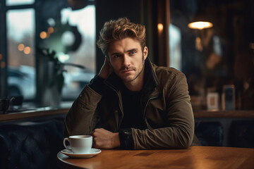 Generative AI portrait of nice sad upset middle aged man sitting alone in modern cafe