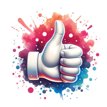 Cartoon thumb up hand emoji on splash of colors background. Approval emoticon. Transparent background. Isolated object. Concept of approval. emotion, agreement, gesture, symbolism, mascot, positivity