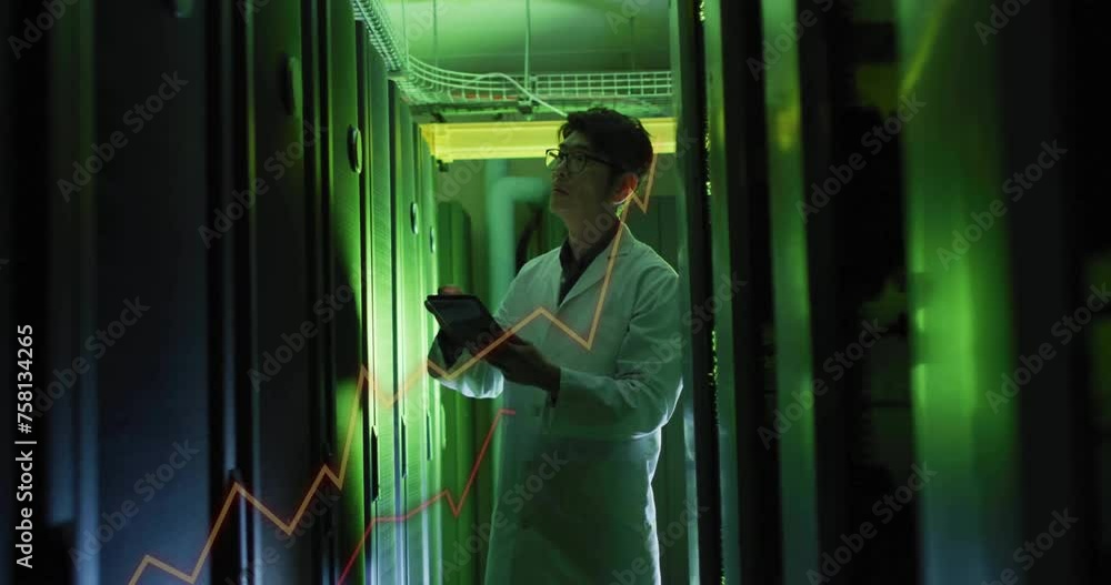 Poster animation of data processing over asian male it technician with tablet over computer servers