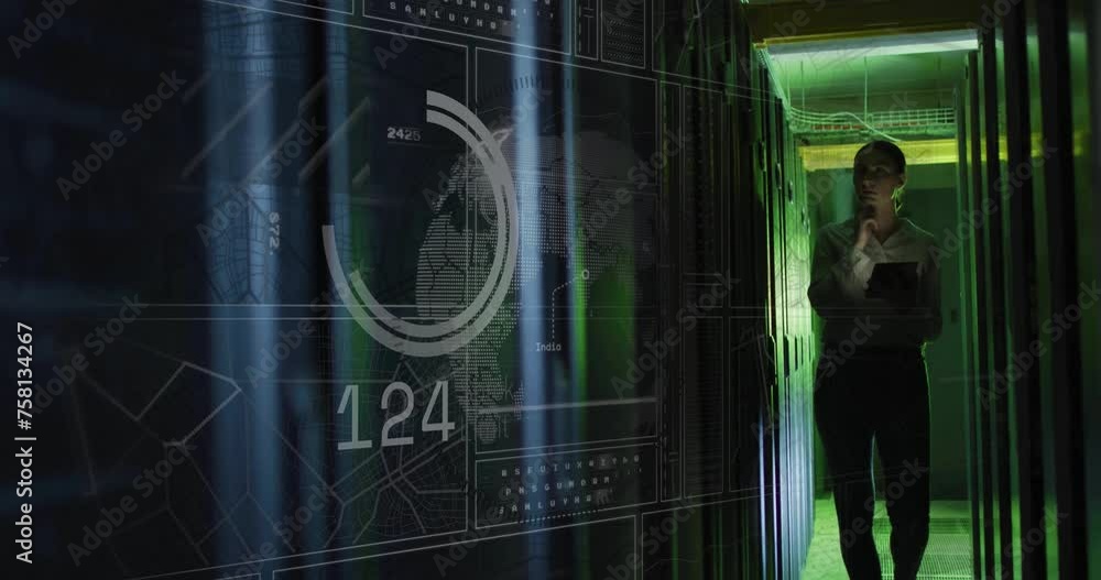 Poster animation of data processing over caucasian female it technician with tablet over computer servers