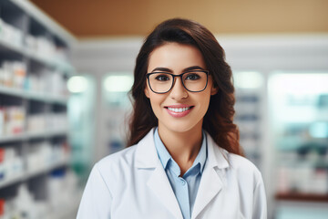 Smiling cheerful confident pharmacist in drugstore store shop Generative AI