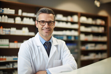 Obraz premium Smiling cheerful confident pharmacist in drugstore store shop Generative AI