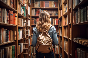 AI generated photo of person in library among book shelves