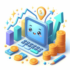 3D Flat Icon Investment Growth Concept as Rising Graphs on Digital Displays with white background and isolated cute cartoon
