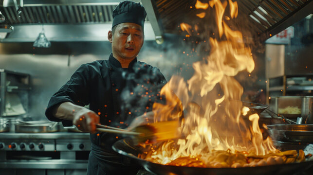 A chef masterly flips contents in a flaming pan against the backdrop of a bustling commercial kitchen, evoking culinary passion
