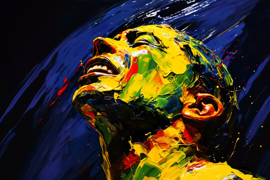 Digital illustration painting of man,human face with express emotion and showing gesture body with power energy.motivation idea background.poster art