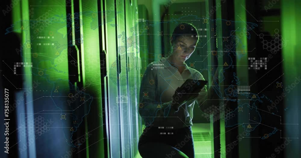 Poster animation of data processing over caucasian female it technician with tablet over computer servers