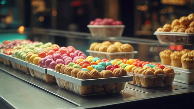 Sweet pastries with berries. Showcase in a candy store. Glass stand with cake eclairs and tartlets. refrigerator shelves with sweets. Confectioner's work space.