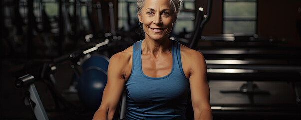 Fototapeta na wymiar Middle aged woman portrait pose after heavy fitness training
