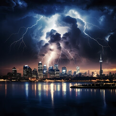 A dramatic lightning storm over a city skyline.