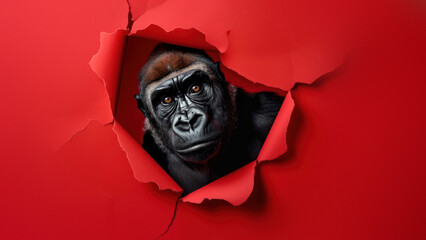 A captivating image of a gorilla's solemn face peeking through a vivid red, torn paper background, inciting a sense of intrigue and reflection - obrazy, fototapety, plakaty