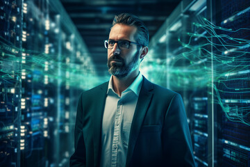 Fototapeta premium Experienced hacker in action breaking software protection server code Generative Ai image pic