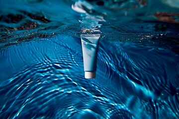 A white tube of face cream floating underwater. Commercial photograph of a cosmetic product, with ripples and reflections around it. Professional color grading has been applied for advertising. - 758135683