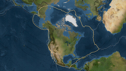 North American plate outlined. Patterson Cylindrical. Satellite
