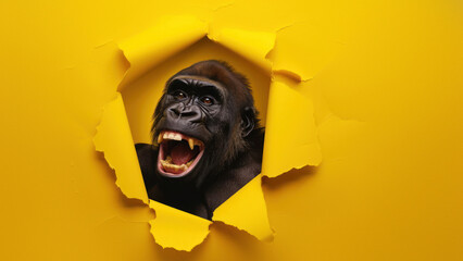 An intense gorilla showing aggression as it breaks through the yellow paper, expressing power