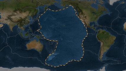 Pacific plate highlighted. Patterson Cylindrical. Satellite