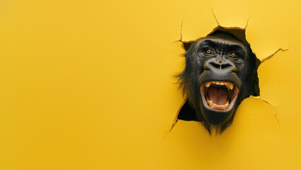 A vibrant image showing a chimpanzee's head popping and roaring through a torn yellow paper,...